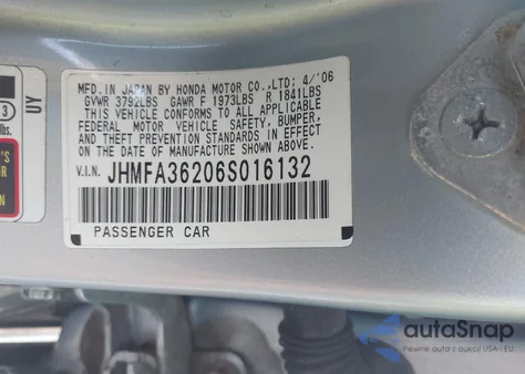 2006 Honda Civic Hybrid from USA, damaged, VIN JHMFA36206S016132